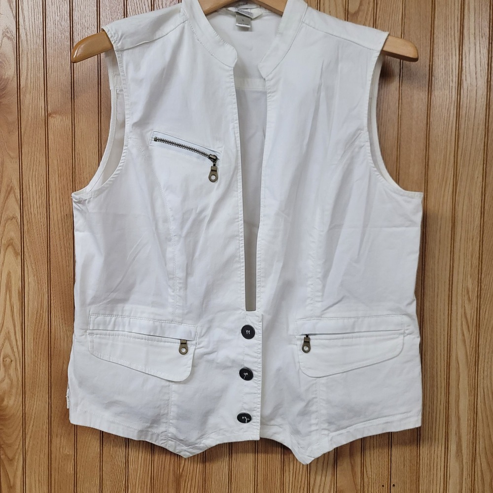 Coastal Grandma Womens White Stretch Cotton Utility Vest Casual Zipper Pockets L